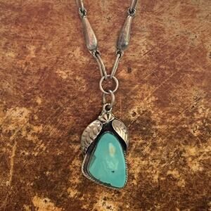 Taxco Handmade Necklace Sterling Silver Linked Chain w/ Turquoise Pendant Mexico